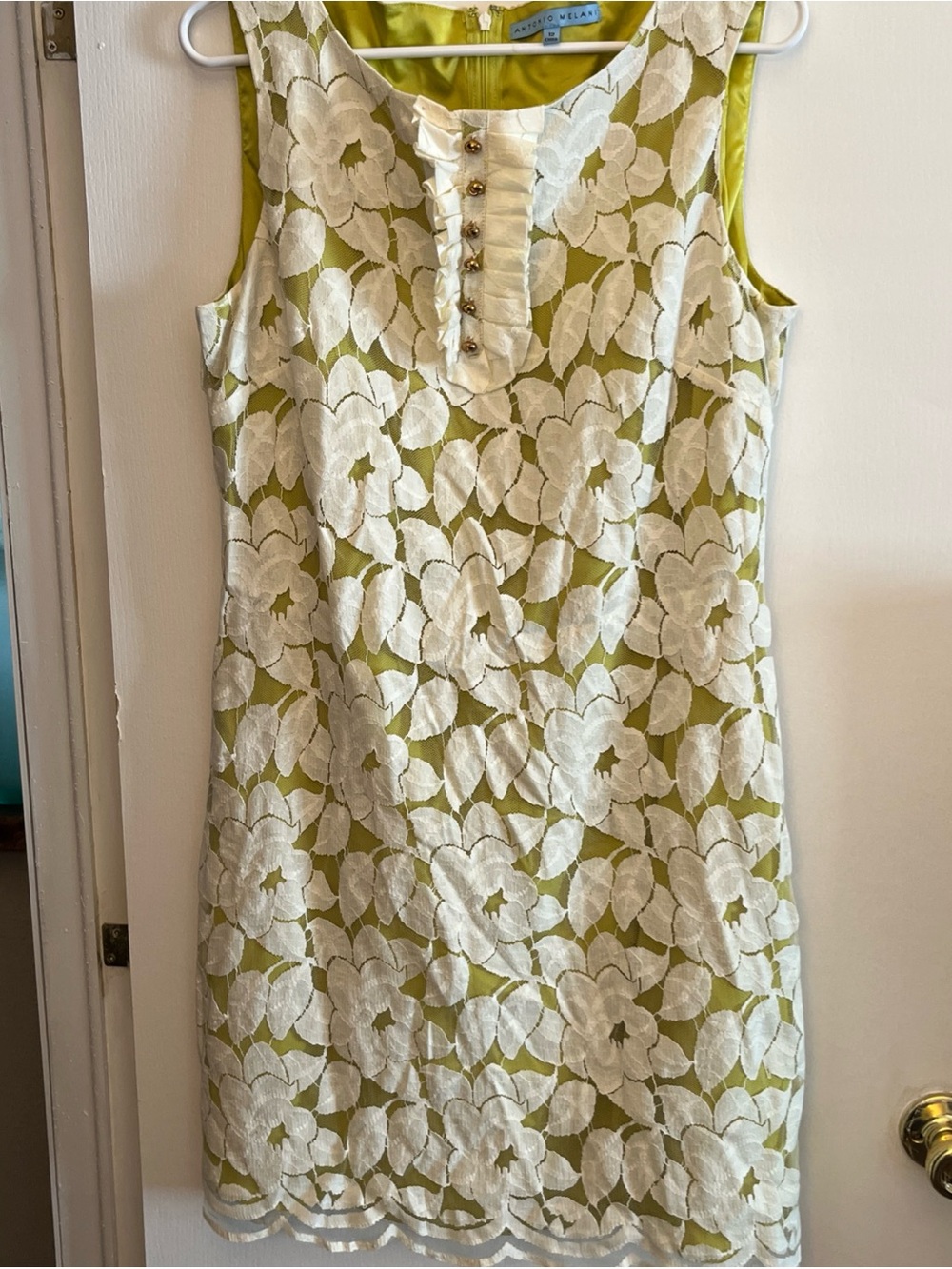 ANTONIO MELANI Lime Green and White Floral Lace Shift Dress
